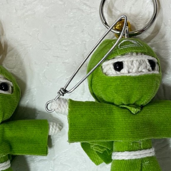TWO Ninja String Doll Keychain Toys w/Swords Lime Green 2.5" x 3" NEW - Picture 7 of 8